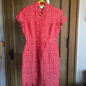 Red Floral Silk Chinese Qi Pao Dress - Small